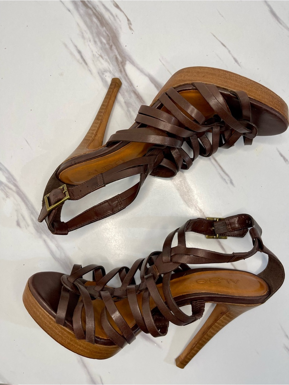 Aldo Brown Strappy High Heel Sandals with Intricate Design Sz EU 37/ US 6.5-7 - Picture 5 of 12
